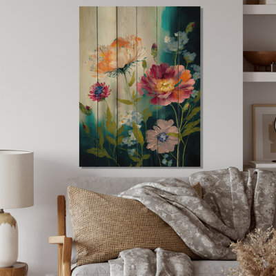 Painted Blossoming Wildflowers VII - Floral Bouquet Print on Wood