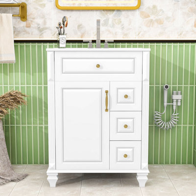 Freestanding Bathroom Vanity with Ceramic Sink, Flip-Out Drawer, 3 Drawers and Adjustable Shelf