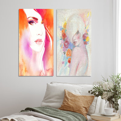«Pink Portrait of a Fashionista», ensemble de 2 peintures sur toile