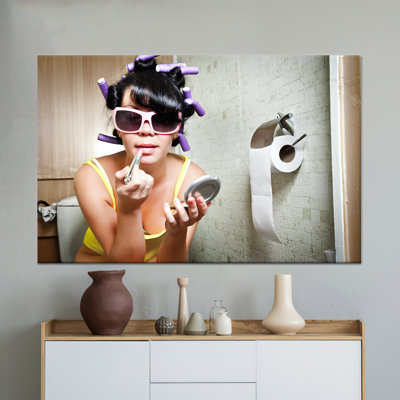 Printed Canvas: Woman on Toilet Tempered Glass Art - Elegant Bathroom Decor,1P Wrapped Canvas
