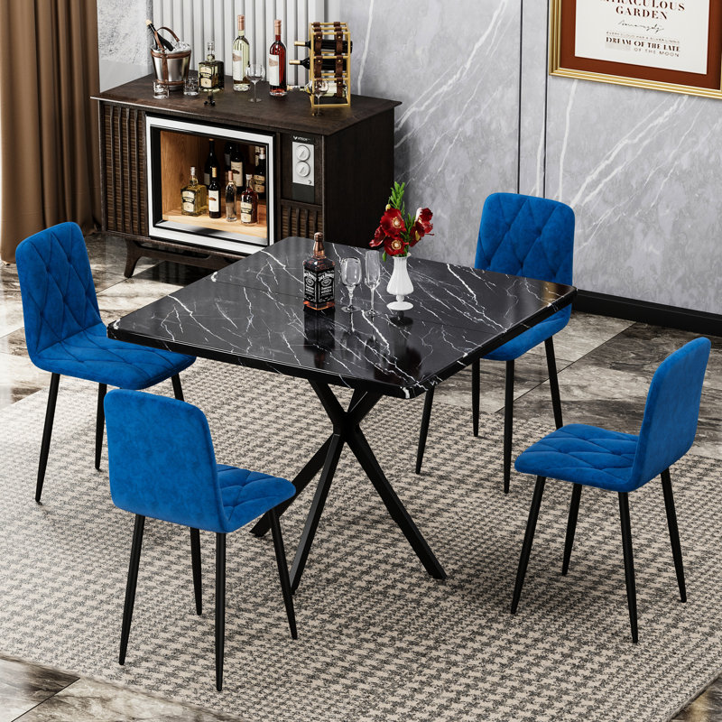 Table de salle à manger carrée pour 4 personnes, plateau en faux marbre, pieds en fer, fauteuils spatiaux, noir et gris, étapes d'installation Mid Century Modern 4 et méthode d'installation