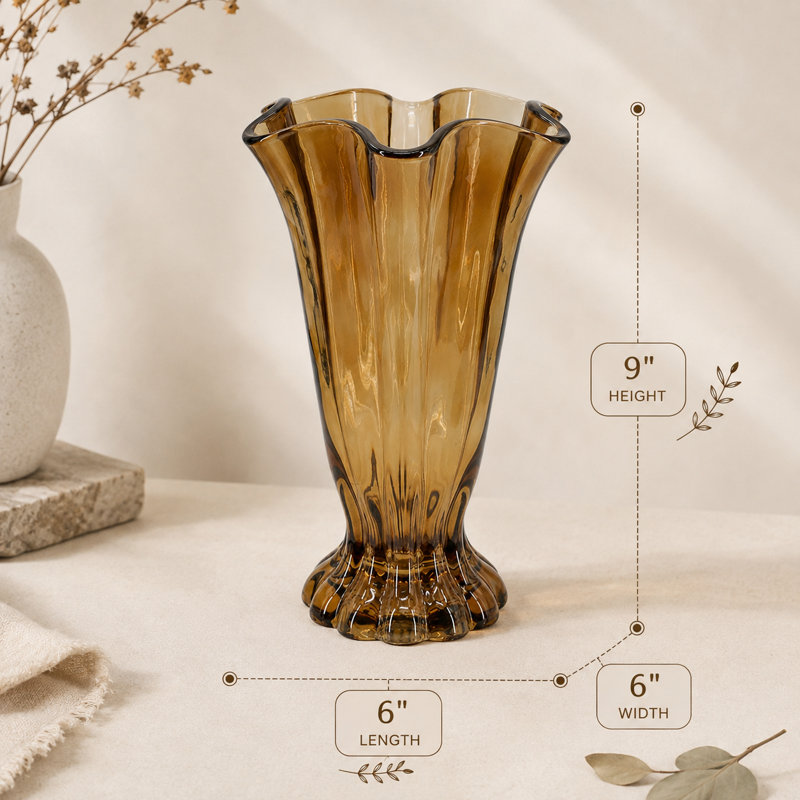 Ensemble de vases rétro en verre à volants brun de 6 x 9 pouces à bords sertis pour présentation de fleurs sur table