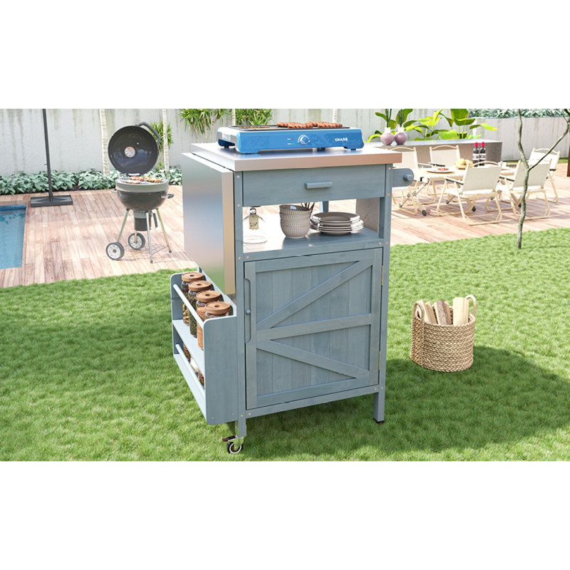 40.5" Outdoor Grill Cart With Stainless Steel Top, Solid Wood Outdoor Storage Cabinet With Drop Leaf, One Drawer, Towel Rack, Rolling Kitchen Cart With Lockable Wheels
