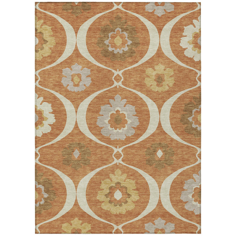 3' X 5' Orange Copper And Gray Medallion Washable Indoor Outdoor Area Rug