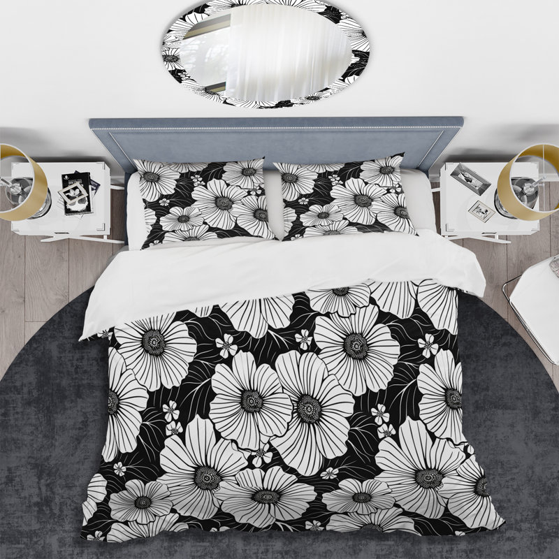 Ensemble de housse de couette transitionnel noir et blanc Floral Garden II, Housse de couette simple et deux taies décorative
