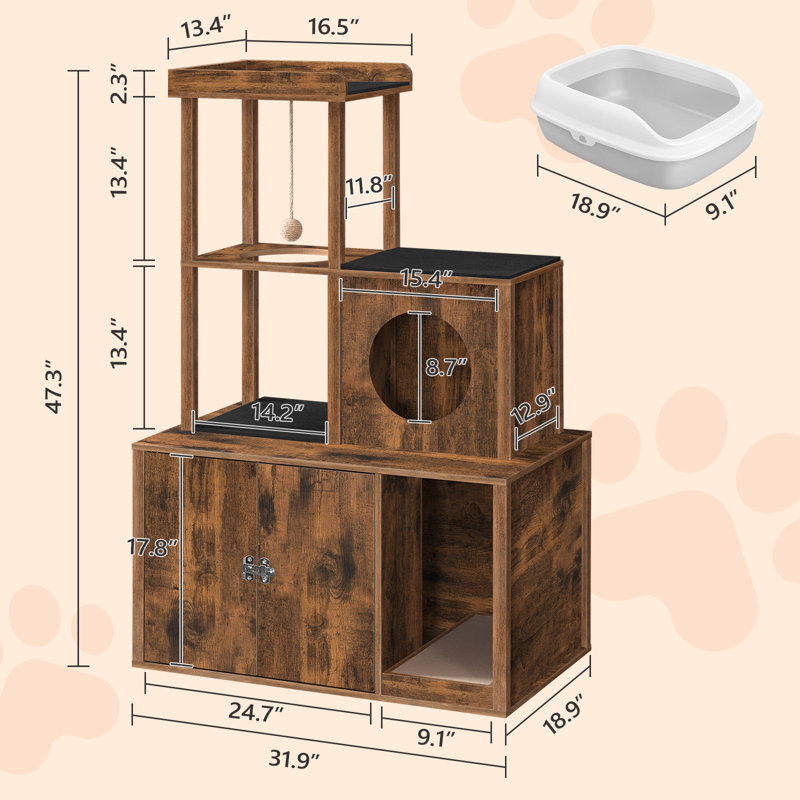 Rustic Brown Wooden Cat Tree with Hidden Litter Box and Condo