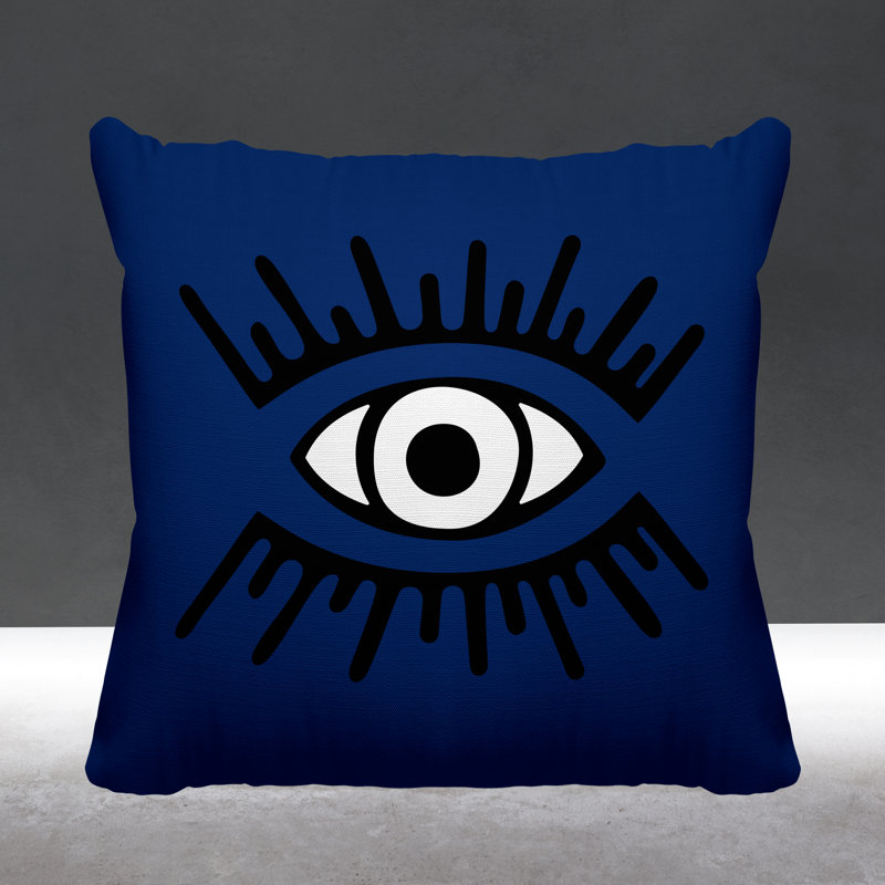 Coussin intérieur / extérieur Miranda Evil Eye, L 15 po x H 15 po, Bleu marine