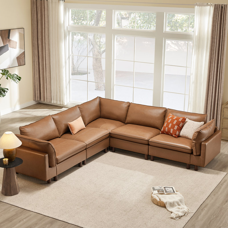 Solena 5-Piece Genuine Leather Corner Sectional With Solid Wood Base, null