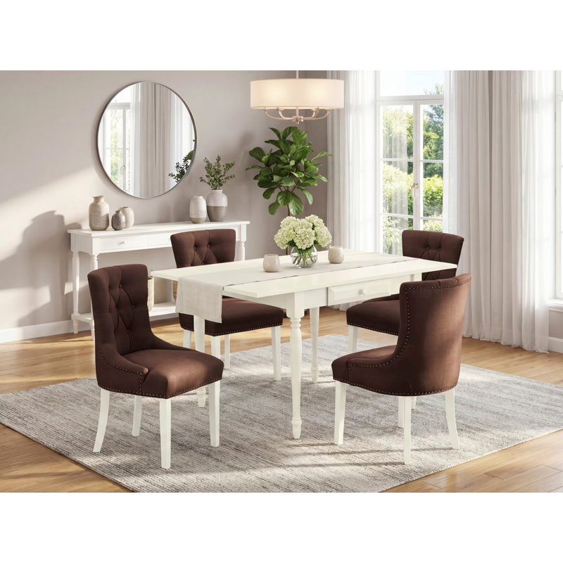 Ensemble de salle à manger 5 pièces avec dessus en bois massif et lin blanc - 4 pièces, Blanc, Marron foncé