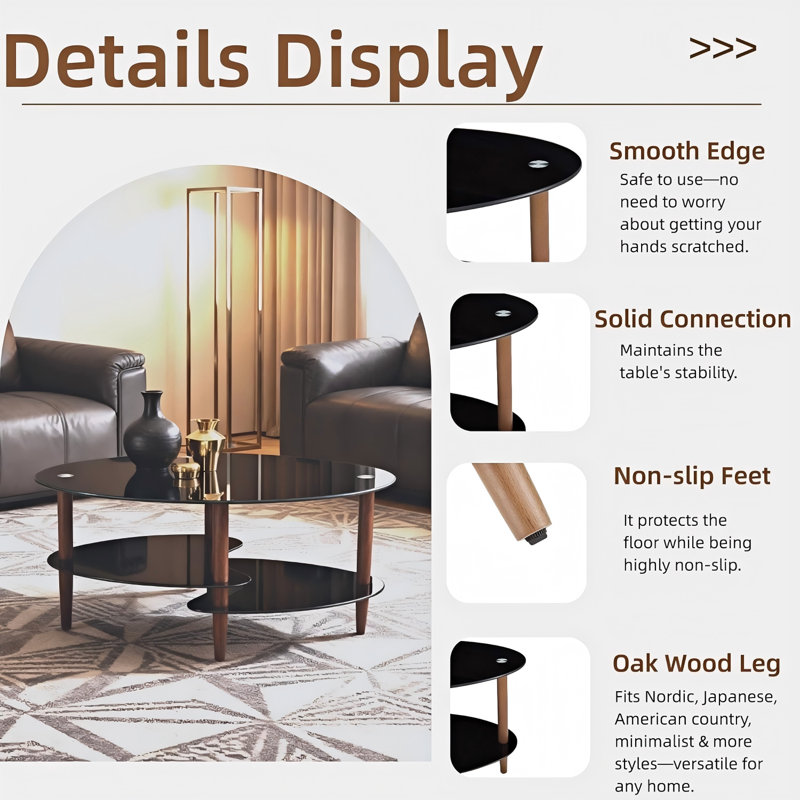 Xamiera 4 Legs Oval Coffee Table with Storage, Black, Brown Duplicate