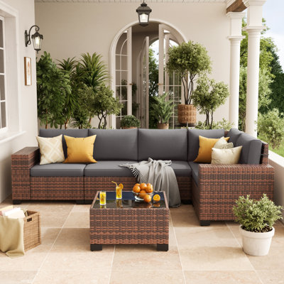 Ensemble de conversation modulaire en rotin pour 5 personnes avec coussins