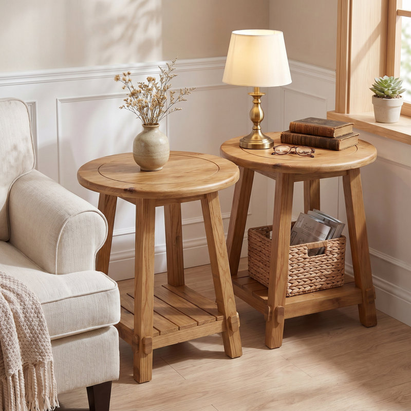 2-Tier Solid Wood Round End Table, Set of 2