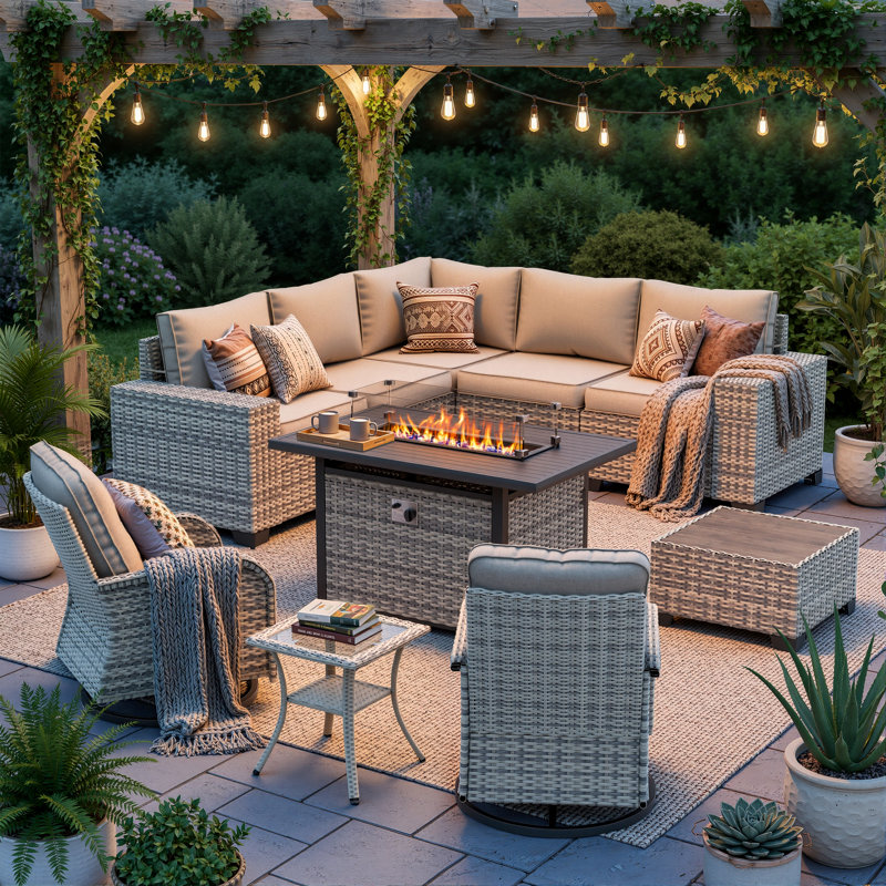10-Piece Outdoor Patio Sectional Conversation Set With Fire Pit Table And Swivel Rocker Chairs, Taupe