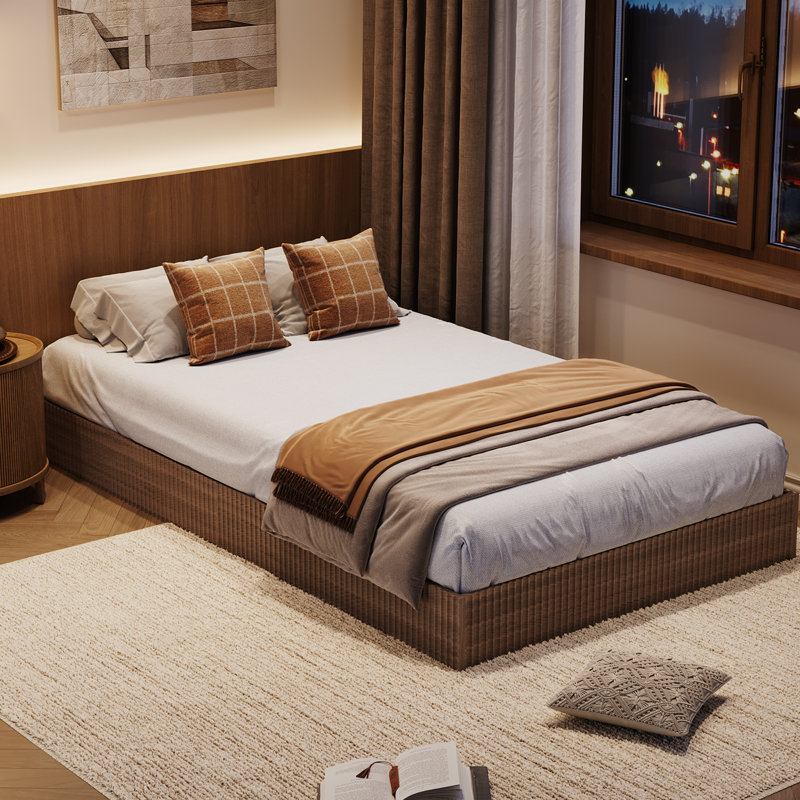 Cadre de lit plateforme en bois cannelé – Profil bas, silencieux, montage facile, sans sommier – Taille simple, finition noyer