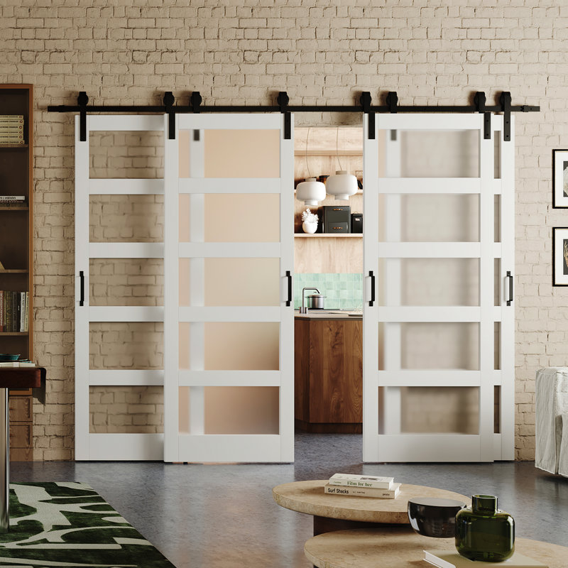 Modern Frosted Glass Design - 5 Lite Glass Manufacture Wood Sliding Bypass Barn Door With Hardware, 60" W x 84" H