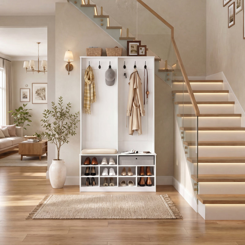 39.4" W Hall Tree with Bench and Shoe Storage, Modern Multiple Functions Hallway Coat Rack with 10 Shoe Cubbies for Entryway, Foyer, and Stairway