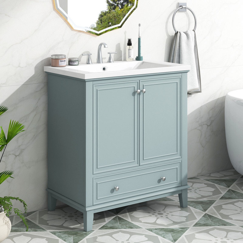 Lexcee 30'' Single Bathroom Vanity with Ceramic Top, Free Standing Wooden Bathroom Cabinet with 1 Drawers & 2 Soft-Closing Doors