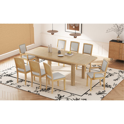 Rustic Extendable 84inch Dining Table Set with 24inch Removable Leaf, 6 Upholstered Armless Dining Chairs and 2 Padded Arm Chairs, 9 Pieces