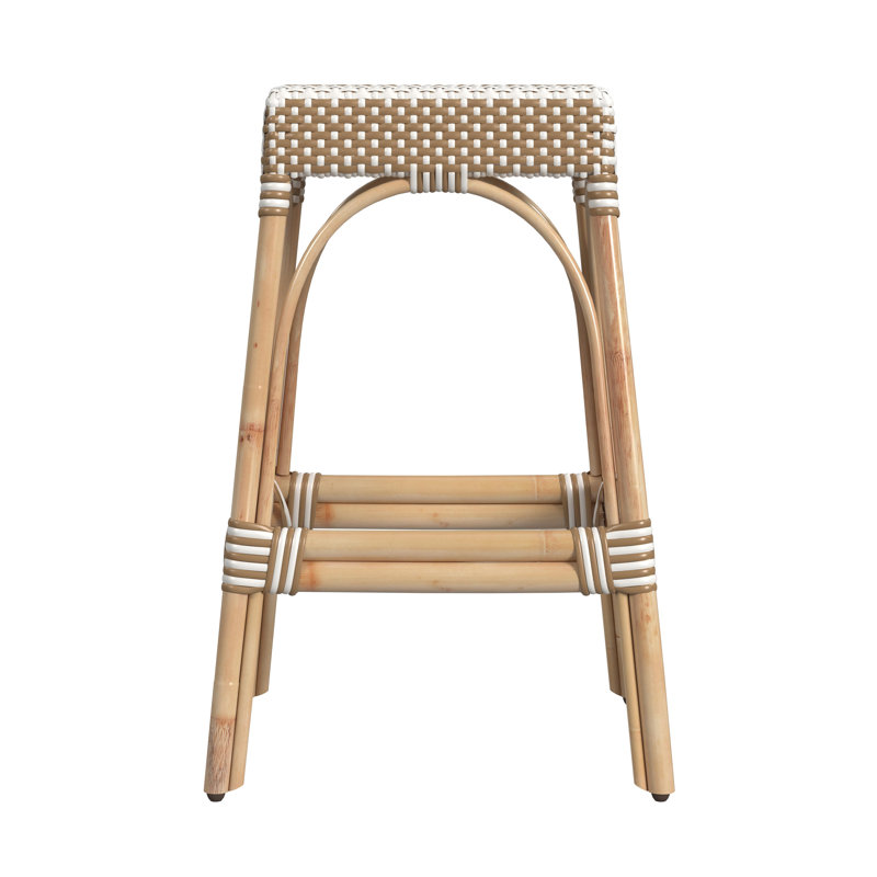 Tabouret de comptoir / de bar Lennart, Cadre brun clair / rayure blanche / rotin naturel