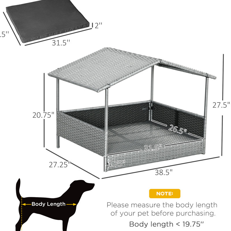 Niche pour chien avec auvent - Conception surélevée pour petits et moyens chiens, lit d'extérieur gris, taille de coussin d'eau douce