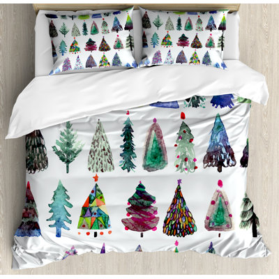 Ambesonne Christmas Duvet Cover Set, Watercolor Fir Trees, Calking, Multicolor -  nev_39771_calking