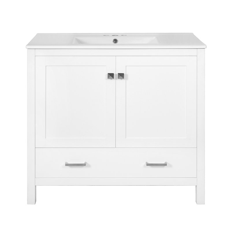 Meuble-lavabo de salle de bain avec lavabo en céramique, portes à fermeture en douceur, tablettes de rangement doubles et tiroir divisé - Armoire de salle de bain moderne avec beaucoup de rangement