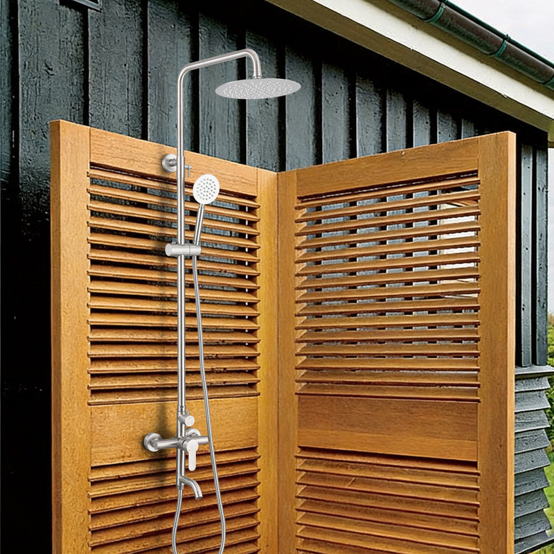 47"H 3-Function 304 Stainless Steel Wall-Mounted Outdoor Shower with Footwash Spout, Brushed Nickel