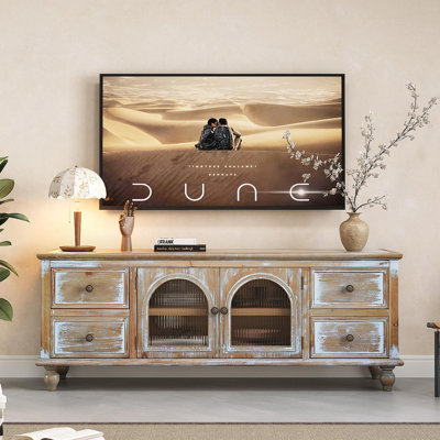 60" Farmhouse TV Stand with 4 Drawers & 2 Glass Doors, Rustic Wood Media Console, Distressed Entertainment Center for TV, Natural Antique White