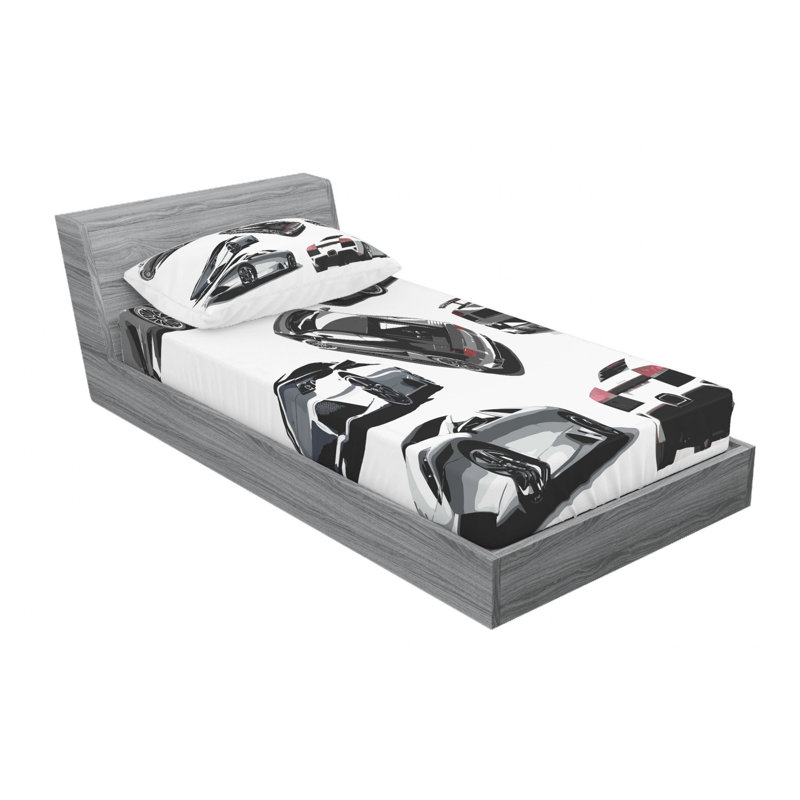 Twin XL White Microfiber Car Print Sheet Set