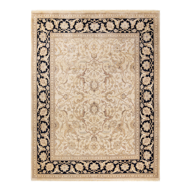Tapis noir / ivoire noué à la main de conception unique 8 pi 1 po x 10 pi 6 po Selvete
