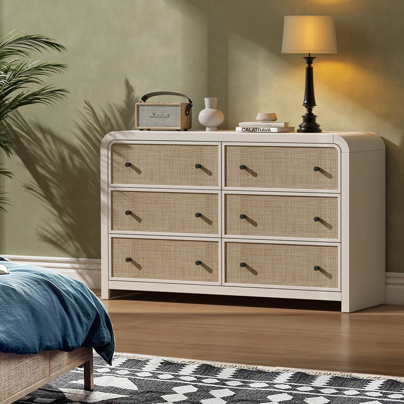 Cevat Rattan 6-Drawers Dresser,Thickened Curved Profile Design, Ivory