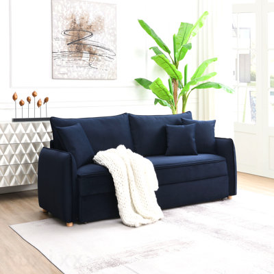 Canapé-lit modulaire en velours bleu avec 3 coussins décoratifs