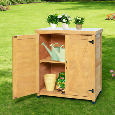 Banc d'extérieur avec armoire de rangement en bois massif et plateau en métal