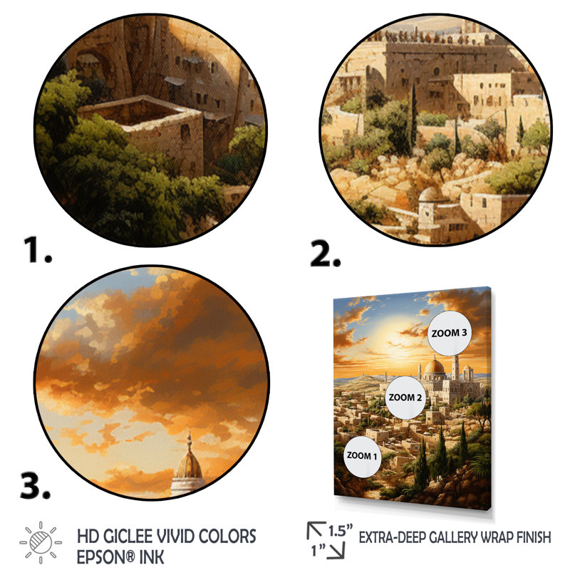 Judaïsme, paysage urbain de Jérusalem I - Judaïsme, art mural, H 40 po x l 30 po x P 1,5 po, Cadre flottant doré