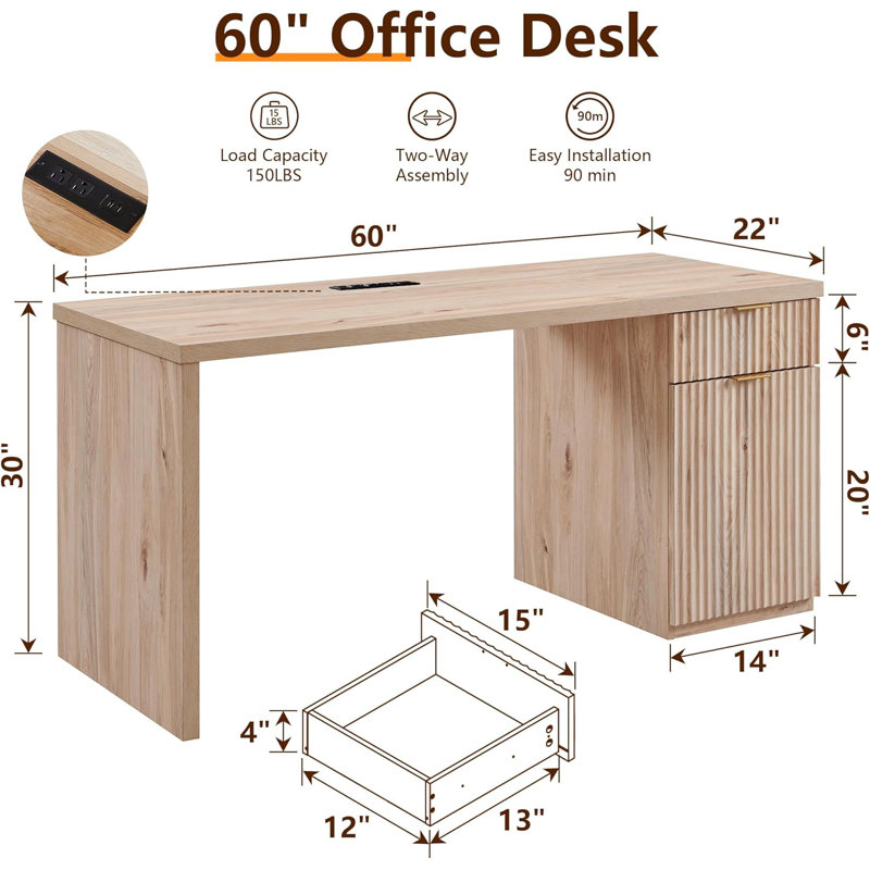 Bureau de direction moderne avec prise de courant, bureau à domicile en bois avec tiroir et armoire de rangement, Tanné