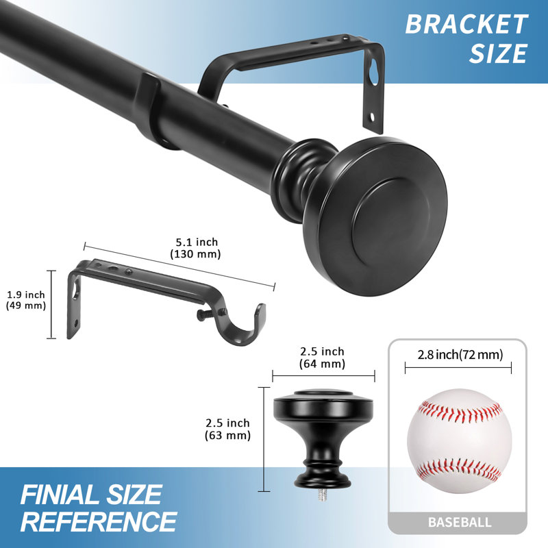Black Adjustable Steel Single Curtain Rod Set