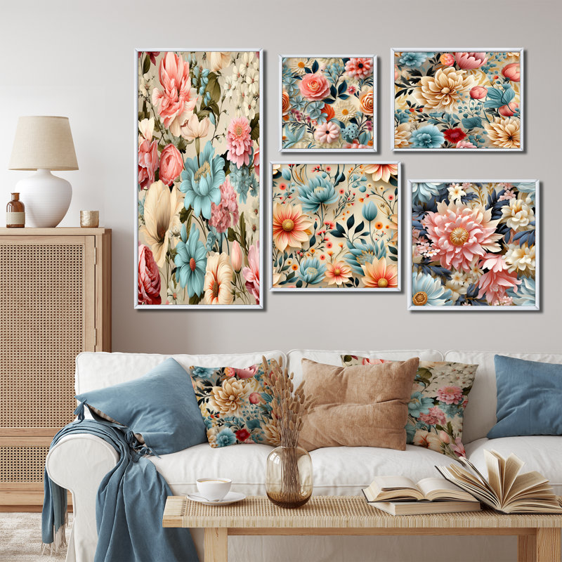 Pastel Shades Garden Delight - motif victorien - ensemble de 5 impressions sur toile florales, Cadre flottant blanc