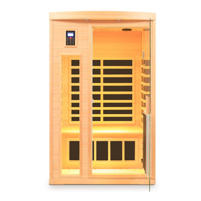 Sauna infrarouge lointain en bois naturel pour deux personnes avec porte vitrée et faible chauffage
