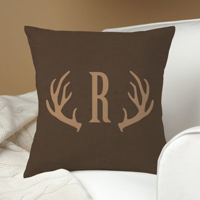 Antlers Throw Pillow With Custom Initial Printed | Dark Brown Square Removable Cover | Cabin Or Hunting Themed Decorative Accent | 14" X 14"