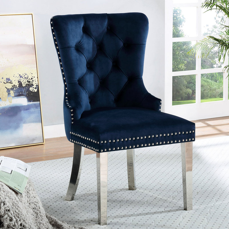 2 pièces, bleu, dossier à oreilles, pieds avec chaises à garniture cloutée, 2 pièces, dossier bleu et ravissante