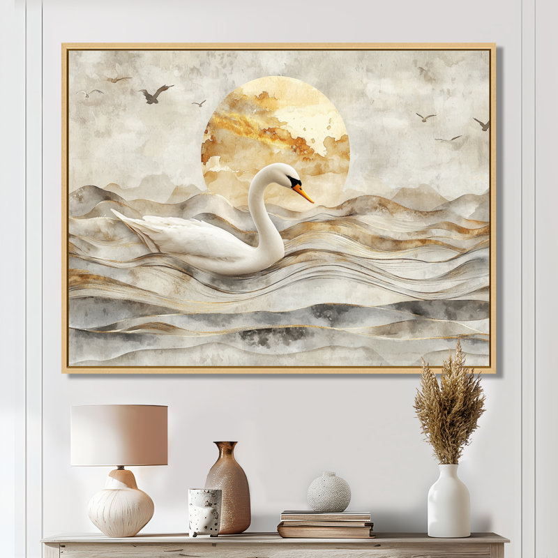 Dortly Sunset Swan Reflections of Elegance I - cygnes, art mural, H 34 po x l 44 po, Impression encadrée flottante
