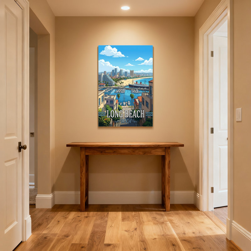 Scénario et paysages urbains Long Beach Cityscape, H 20 po x l 30 po, Toile tendue sur cadre, Ne s’applique pas