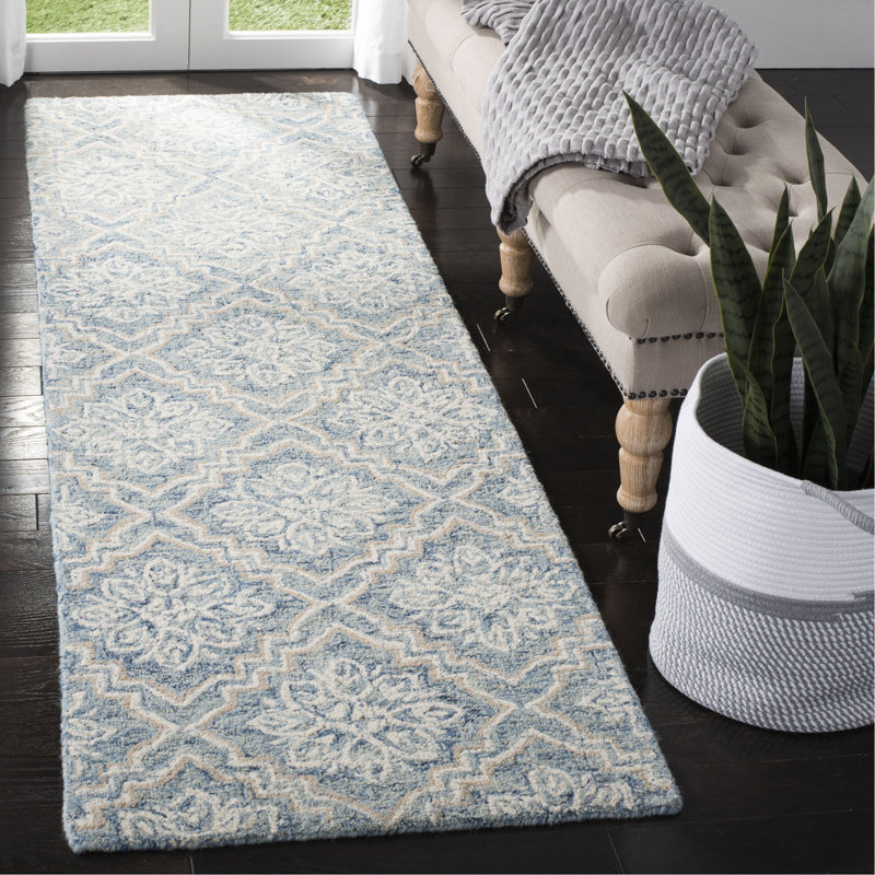 Tapis bleu / gris en laine touffeté à la main Salerna, Tapis de couloir 2 pi 3 po x 6 pi