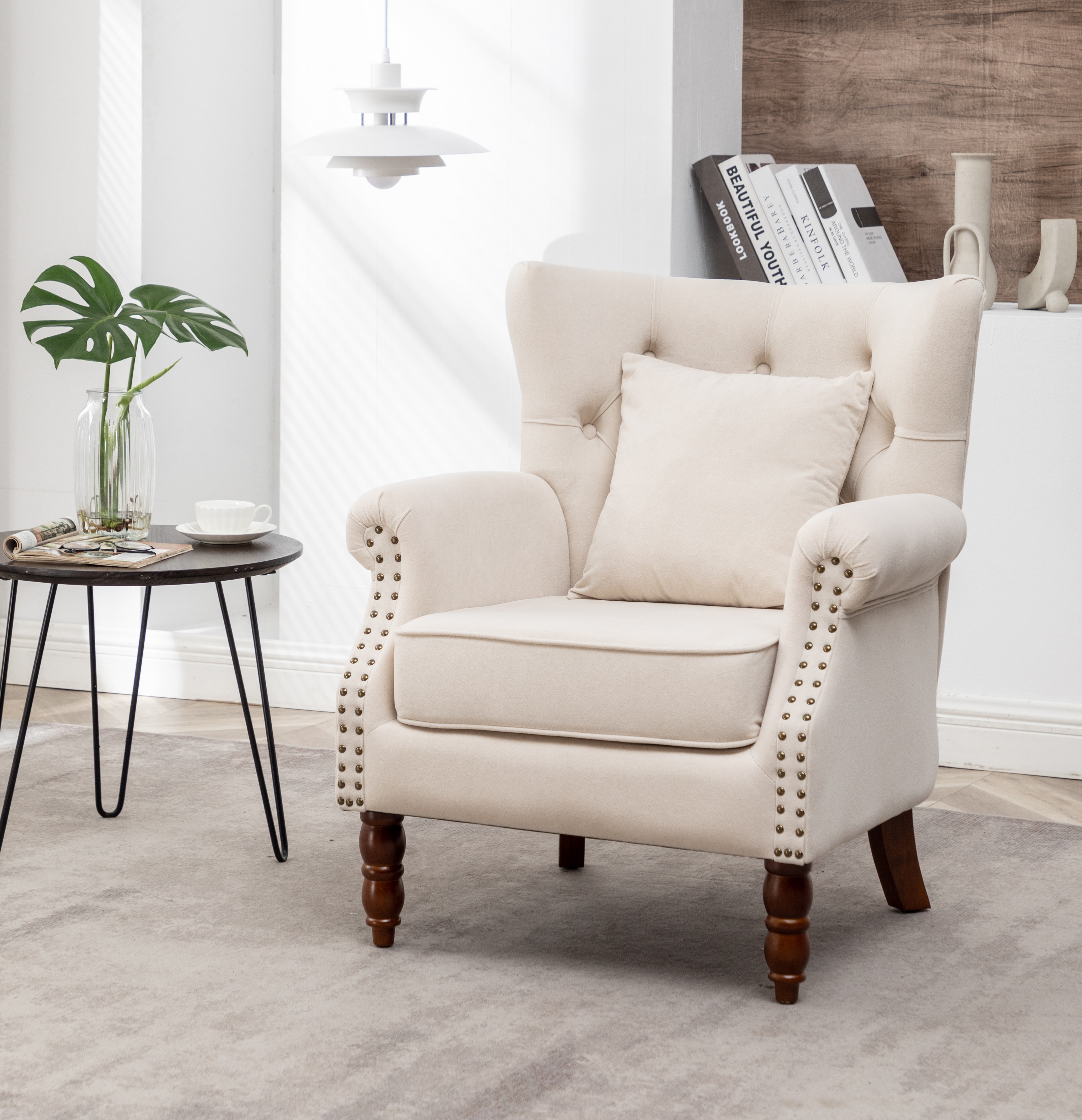 Button-Tufted Small Wingback Accent Chair with Rolled Arm and Thick Padded Cushion Mercer41 Fabric: Beige Polyester