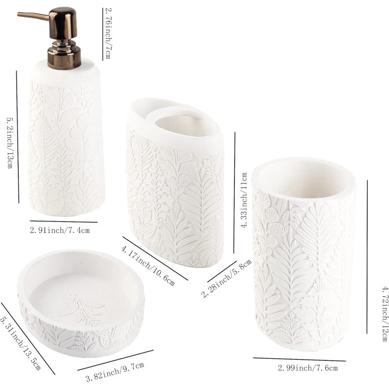 Ensemble 4 pièces d'accessoires de salle de bain feuille blanche