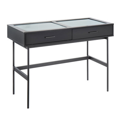 Console contemporaine, 1 pièce, 19,75 po x 43,5 po x 31,5 po, bois, métal et verre, console noire, plateau en verre trempé avec deux tiroirs