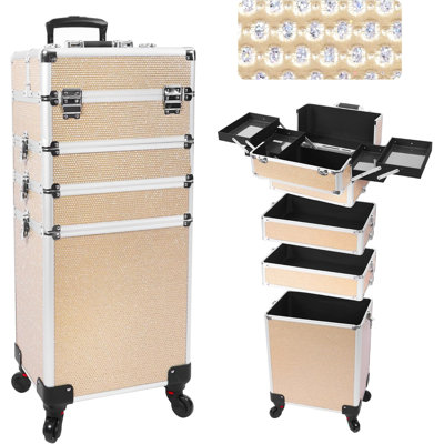 Professional Rolling Makeup Case with Wheels, 5-in-1 Makeup Train Case.Gold Crystal