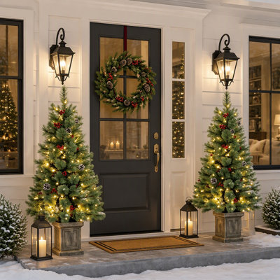 Set of 2 4FT Pre-Lit Artificial Pine Christmas Trees with Dual-Colour LEDs and Remote