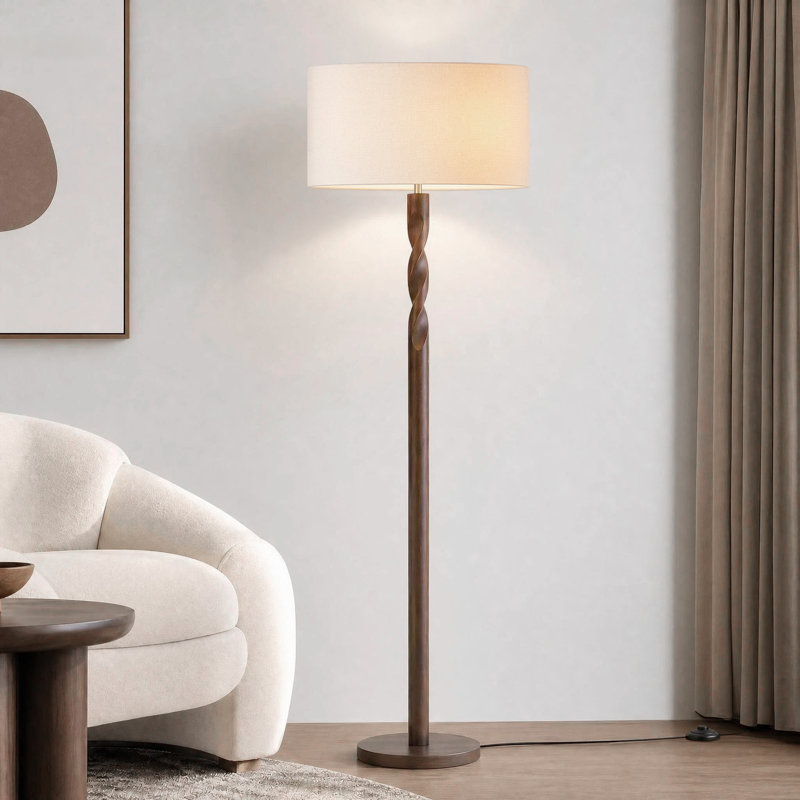 Lampe sur pied sculptée 64 po en bois massif torsadé 64 po avec abat-jour tambour en lin beige 18 po, finition noyer et interrupteur au pied