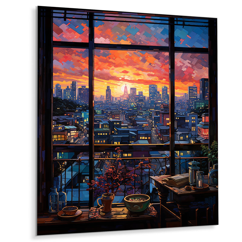 «Night In Tokyo Window View II - Japon», art mural en métal, H 40 po x l 30 po x P 1,5 po